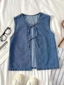 SHEIN Teen Girl Summer Fashionable Sleeveless Bowknot Blue Denim Vest,Girls Summer Beach Boho Vacation Two Pieces Outfits,Summer Brunch Graduation Outfits,Summer Rave Concert Festival Streetwear Outfits