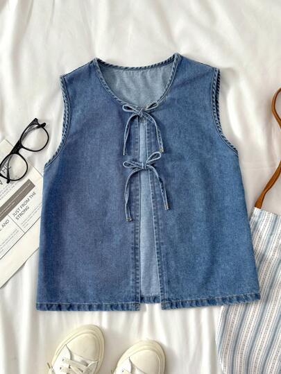 SHEIN 少女夏季时尚无袖蝴蝶结蓝色牛仔背心、女孩夏季海滩波西米亚风度假两件套服装、夏季早午餐毕业服装、夏季狂欢音乐会节街头服装