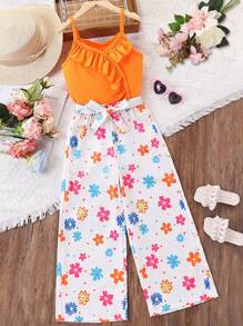 SHEIN Summer Girl 2 Pieces Set,Delicate Frill Cami Top & Fresh Floral Print Pants,White,Funny,Vacation,Holiday Outfit For Outings & Photos,Comfortable Style - Orange - View 3