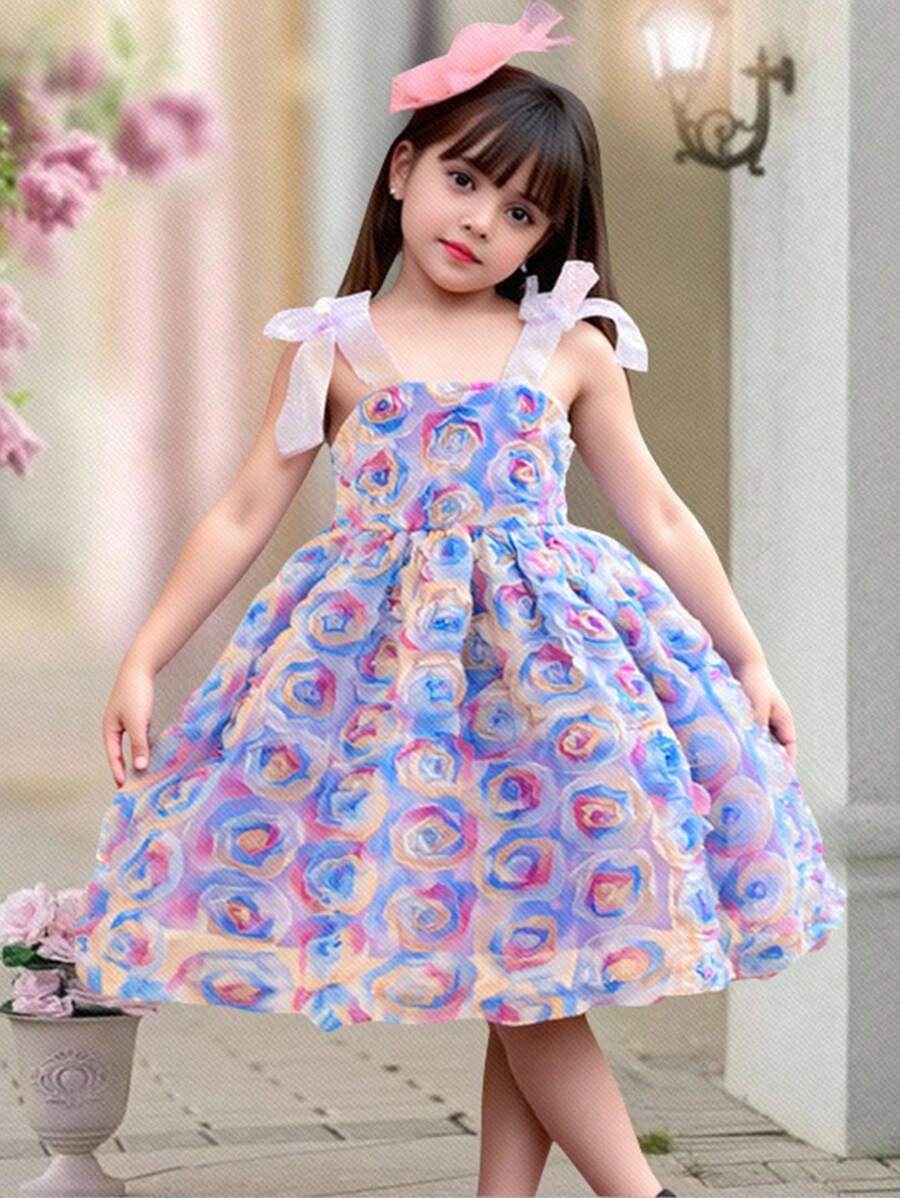 SHEIN 年轻女孩 3D 玫瑰花蝴蝶结装饰无袖吊带 A 字连衣裙,适合派对、节日和生日穿着 - 淡紫色 - 查看 1