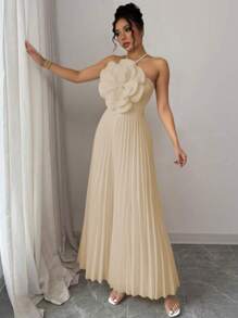 Summer Elegant Floral Decor Backless Halter Pleated Wide Leg Jumpsuit - Khaki - View 3