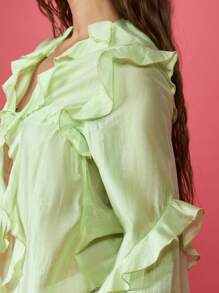 MISSGUIDED Summer Ruffle Blouse Tie Front Long Sleeve Sheer Top Beach Resort Vacation Party Lightweight Evening Spring Festival See Through Boho Christmas - Green - View 4