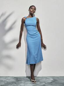Lumivelle Summer Metal Circle Decor Waist Ruched Sleeveless Dress - Dusty Blue - View 6
