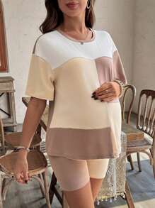 SHEIN 2pcs Maternity Casual Patchwork Round Neck Short Sleeve Top And Adjustable Elastic Waist Shorts Set, Summer - Khaki - View 5