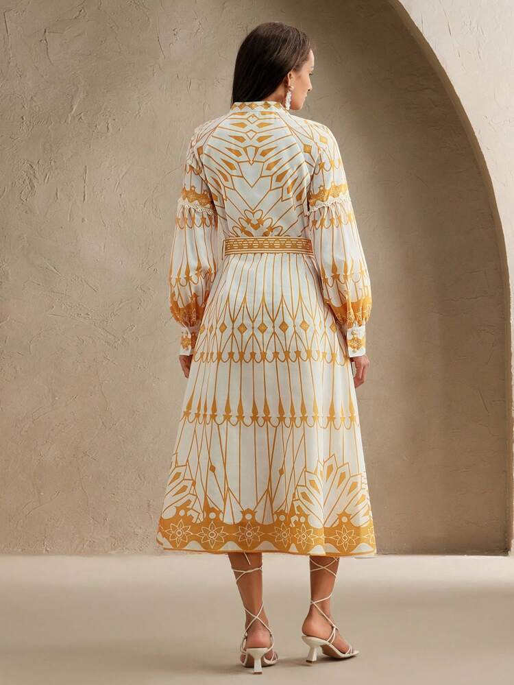 Anewsta Elaire French Palace Style Stand Collar Long Sleeve Printed Long Dress For Women