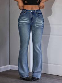 INAWLY Women's Stretchy High Street Low Waist Flare Jeans - Medium Wash - View 4