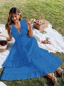 Flirla Gaun Panjang Wanita Ukuran Plus Elegan Warna Polos dengan Hiasan Ruffle dan Tali - Royal Blue - View 3