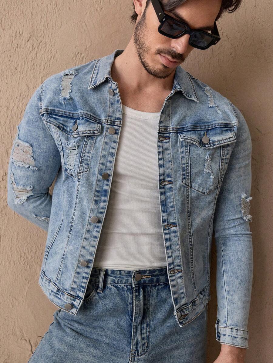 Manfinity NXTstreet Men Ripped Flap Pocket Denim Jacket Plain Blue Casual Denim Jacket - Light Wash - View 1