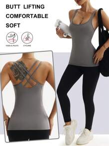 女式纯色后背交叉设计休闲健身运动背心 - 灰色 - 查看 4