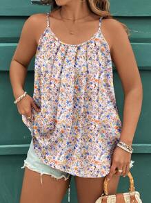 SHEIN Clasi Camiseta sin mangas y top casual de talla grande con estampado floral vintage elegante, adecuada para el verano y vacaciones en la playa, como regalo para el Día de la Madre