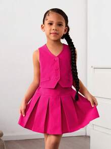SHEIN 2pcs Woven Solid Top & Skirt Set For Young Girls - Hot Pink - View 3