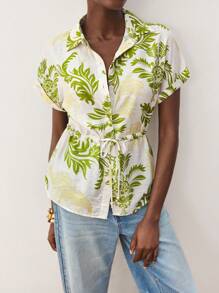 Maija 女士橄榄绿色图案亚麻装饰串珠休闲宽松衬衫，夏季百搭，舒适时尚的波西米亚海滩度假风，波西米亚风格百搭夏季四季，现代假日时尚设计