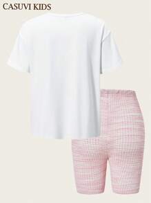 SHEIN 2pcs/Set Girls American Letter Print Crew Neck Short Sleeve Tee And Shorts Set, Casual Fashion Set Outfit For Girls