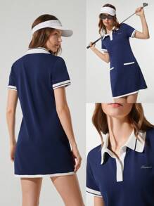 GLOWMODE Cotton Piqué Full Court Colorblock Decorative Pockets Button Polo Collar Dress Tennis Golf Pickleball Low Impact Daily Casual Wear