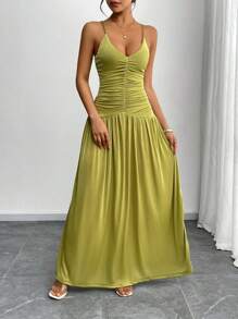 Elenzga Women's Summer Vacation Dress, Vintage French V-Neck Ruffle Slip Dress, Cinched Waist Fitted Long Dress - Olive Green - View 6