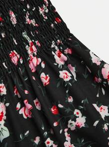 Sweetra Plus Size Fransk Retro Snygg Blommig Klänning med En Axelringning - Svart - Visa 7