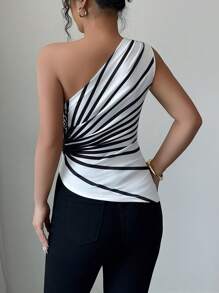 Elenzga 女装夏季新款斜肩条纹印花针织上衣 - 黑與白 - 查看 2