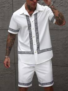 Manfinity Homme Set da 2 pezzi per uomo, composto da camicia a maniche corte con stampa geometrica + pantaloncini con coulisse, tuta unica con motivo boemo, adatta per uso quotidiano e vacanze, ottimo regalo per il tuo ragazzo o marito