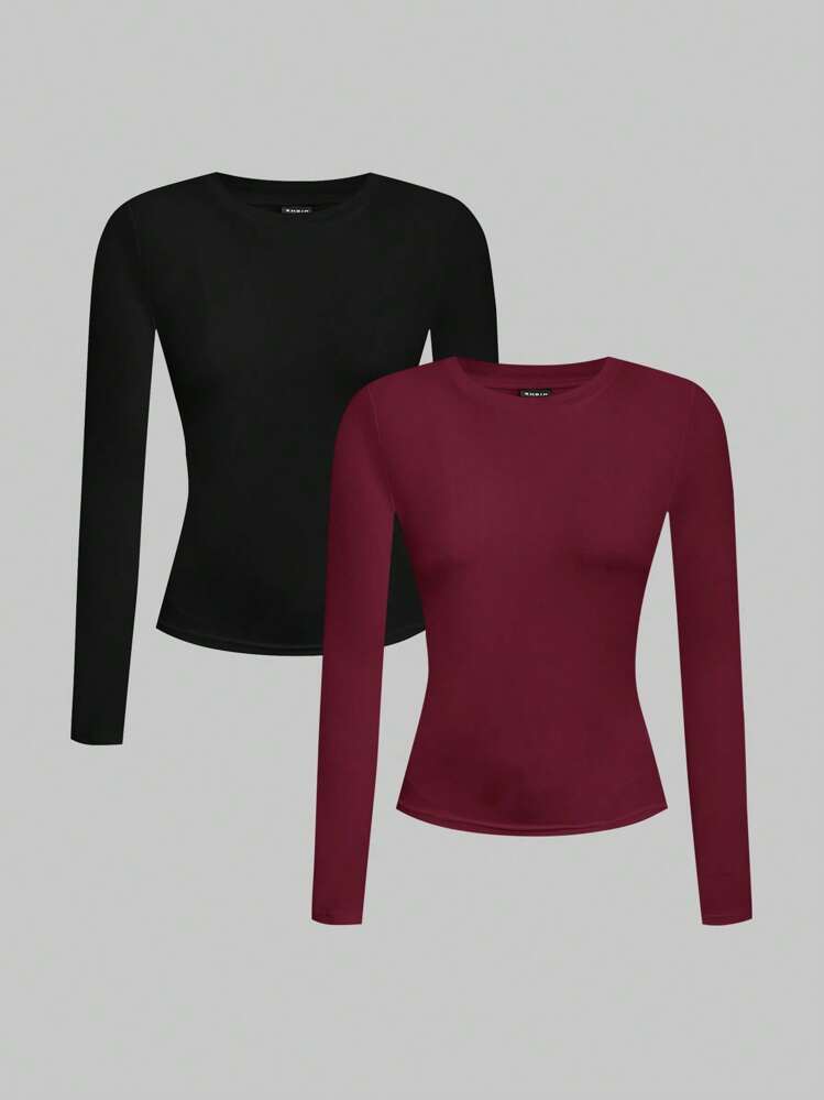 SHEIN EZwear Set van 2 dames casual ronde hals slim fit T-shirt met lange mouwen, zwart en bordeauxrood
