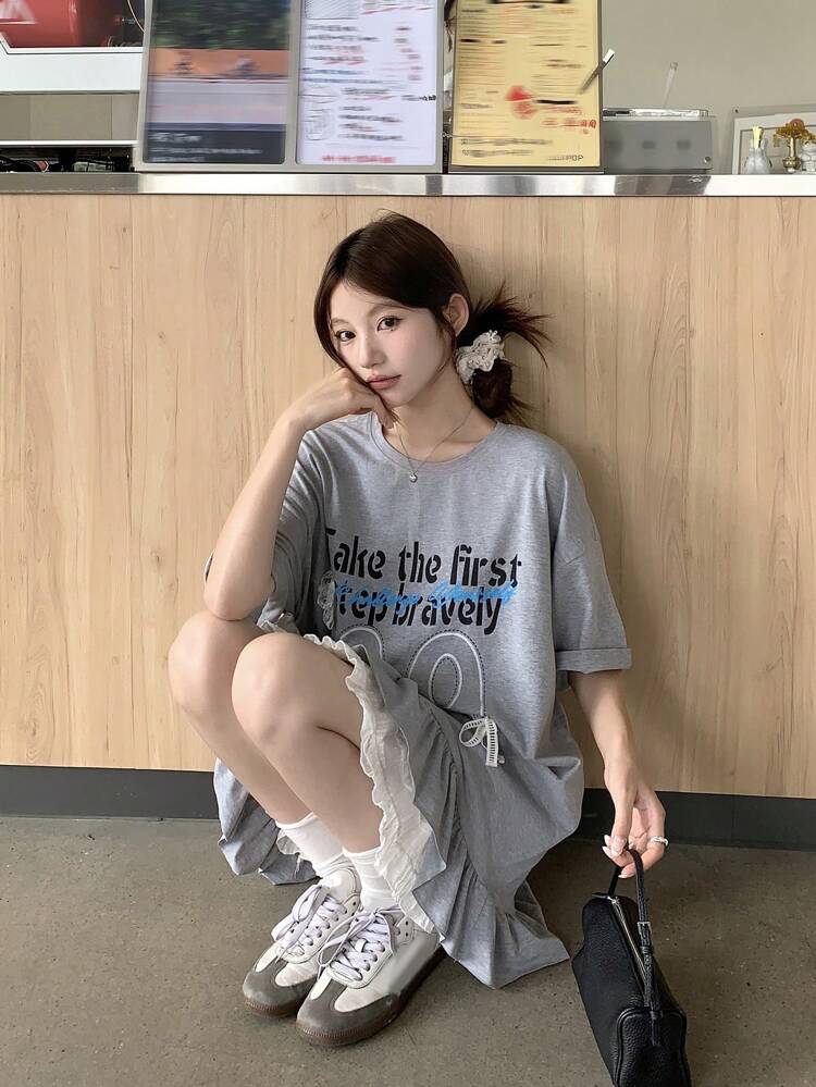 Women's Round Neck Graphic Bowknot Ruffle Hem Solid Letter Print Short Sleeve T-Shirt Cute Tops