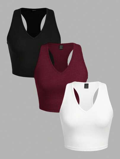 SHEIN EZwear 3 件装黑色、白色、酒红色女士休闲短款修身吊带背心，适合夏季