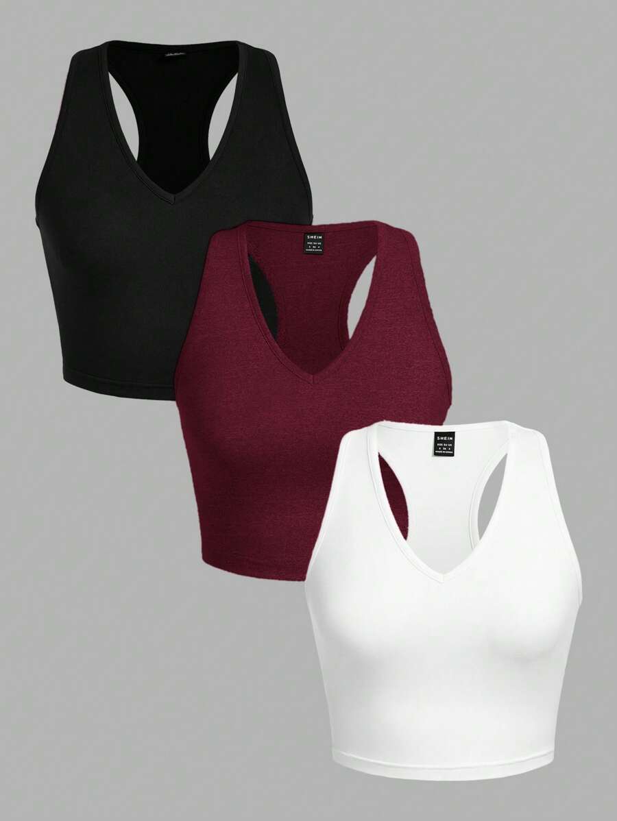 SHEIN EZwear 3 件装黑色、白色、酒红色女士休闲短款修身吊带背心，适合夏季 - 彩色 - 查看 1