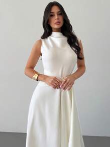 Firerie 春夏新款极简主义优雅浪漫约会/日常通勤白色褶皱领无袖系带腰高开衩喇叭下摆长裙，度假/通勤长裙，情人节，婚礼季，返校季，秋季女装，女士乡村装，女士外出上衣，机场旅行装，全白连衣裙，女士机场装，女士全白派对装，女士办公室装 - 白色 - 查看 7