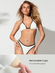 GLOWMODE Shade To Shore Quick Dry Chlorine Resistant Removable Cups Colorblock Trim Halter Triangle Bikini Top Swimming Beach Pool Vacation Resort Travel Summer Wear