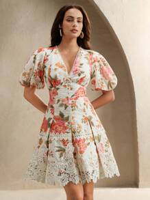 Anewsta Vestido informal para mujer con cuello en V de gasa, con estampado floral de peonía y aplicaciones de encaje