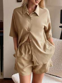 DAZY Solid Color Minimalist Mother-Of-Pearl Button Decor Women Pajamas Set - Camel - View 3