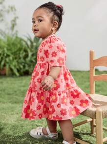 Cozy Pixies Đầm bé gái cổ tròn tay ngắn họa tiết hoa nhỏ xinh xắn có eo thắt - Hồng - Xem 3