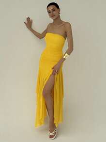 Aloruh 女士纯色黄色不对称下摆荷叶边约会/婚礼连衣裙