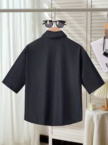 SHEIN 青少年男童夏季休闲纯色短袖衬衫 - 藍色 - 查看 2
