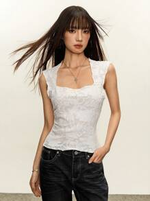 Rina Fox Sexy Sheer Jacquard Square Neck Bow Decor Tight Fitted Women T-Shirt - White - View 5