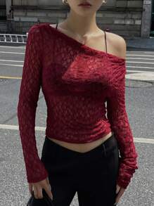 DAZY Women's Lace Shoulder Cut Out Fitted Cropped Sheer Blouse, White, Spring/Summer Y2k Long Sleeve Women Tops,Fall Women Clothes - Burgundy - View 7
