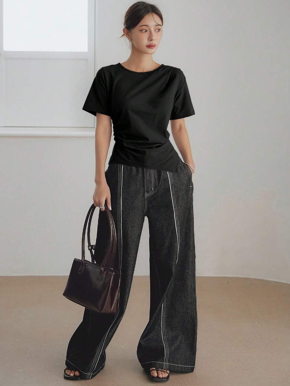 Summer Simple Solid Color Business Casual Asymmetrical Hem Ruched Split Hem Short Sleeve Women T-Shirt