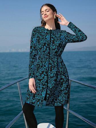 Swim Shayni Women's Porcelain Print Blue Burkini 2 Pieces Set With Detachable Cover-Up, Suitable For Beach, Vacation For Summer