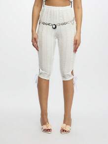 SUMWON WOMEN Textured Jersey Capri Leggings Side Tie Detail Summer Resort Vacation Beachwear Elastic Waist Casual Daytime Festival Wear - White - View 5