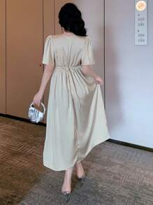 DAZY Elegant Solid Color Round Neck Ruffle Sleeve Long Dress For Women, Summer Prom Dress - Beige - View 2