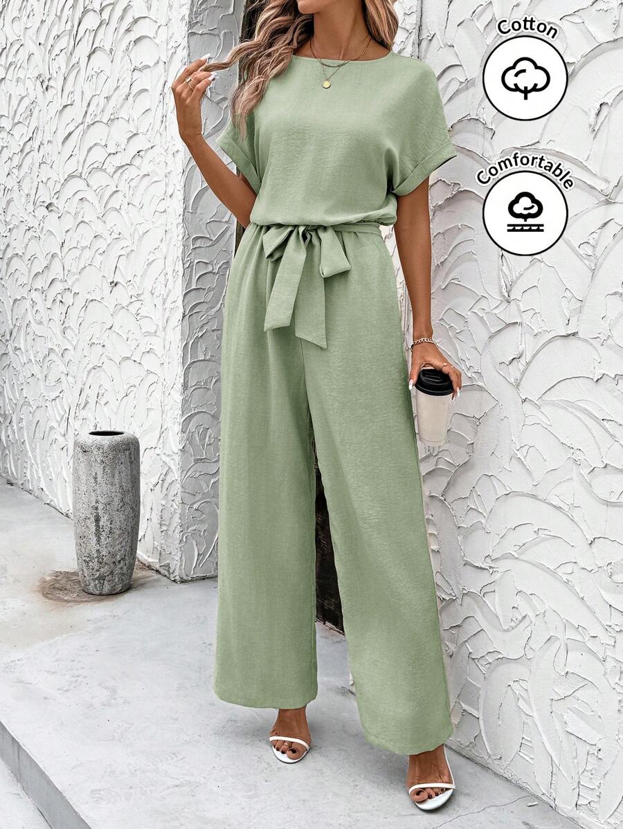 SHEIN Clasi Summer Elegant Women's Blue Cool Linen Pleated Fabric With Shoulder Sleeves And Tied Waist Short Sleeved Jumpsuit, Suitable For Various Occasions, Daily Travel, Outings, Etc - Mint Green - View 1