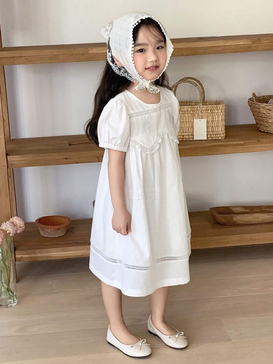 DAZY Young Girls Woven Round Neck Bubble Short Sleeve Casual Dress,Girls Summer Outfits - White - View 1
