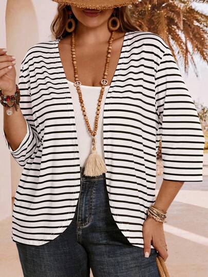 EMERY ROSE Plus Size Women's Summer Vacation Striped Three Quarter Sleeve Coat, Gifts For Mother, Summer Holiday, Vacation Women, Simple And Fashionable For Everyday Wear, Vacay Vibes, Spring-Break, Casual Wear , Bohemia
