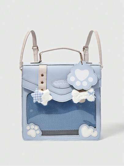 Anime Mochila de mujer con diseño kawaii y lindo de estrella esponjosa, hueso y pata de gato; mochila escolar pequeña con capacidad con cremallera e inserto rígido, color azul