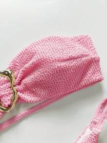 SHEIN Swim 3pcs Women Summer Beach Vacation Solid Color Textured Fabric Gold-Color Asymmetrical Ring Decor Halter Bandeau Top And Thong Bikini Bottoms With Half Slip Skirt Swimsuit Set - Pink - View 4