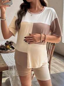 SHEIN 2pcs Maternity Casual Patchwork Round Neck Short Sleeve Top And Adjustable Elastic Waist Shorts Set, Summer - Khaki - View 6