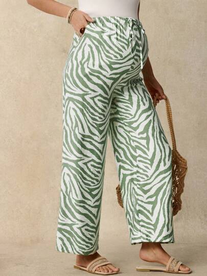 SHEIN Stylish Zebra Print Maternity Pants: Comfortable Woven Fabric, Drawstring Waist, And Long Length For Casual Everyday Wear
