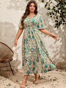 SHEIN Clasi Plus Size Women's Shirred Floral Print Ruffle Short Sleeve Drawstring Waist Dress, For Vacation Women Long Dresses Women Dresses Easter Women - Multicolor - View 5