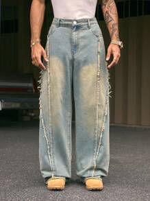 AXEPEAK Jeans anchos con estilo desgastado y parches hombres, con ajuste recto y holgado, estilo callejero