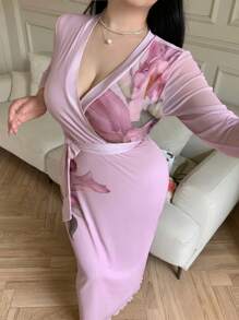 Modelyn 休闲复古花朵图案修身长袖连衣裙，适合夏季 - 淺粉色 - 查看 3