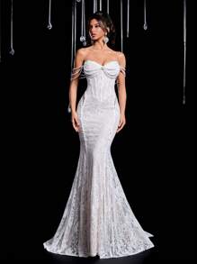 Glamrae Đầm ren trễ vai sang trọng lãng mạn thanh lịch với dây ngọc trai giả, cổ áo hình trái tim, eo xương cá, đính đá giả, xẻ tà, gấu váy đuôi cá dài, thích hợp cho kỳ nghỉ, tuần trăng mật, đám cưới, váy cưới - trắng - Xem 7